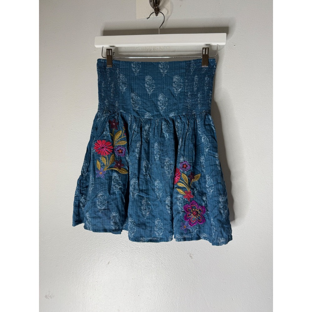 Natural Life Blue Floral Embroidered Smocked Waist Mini Skirt Small Boho